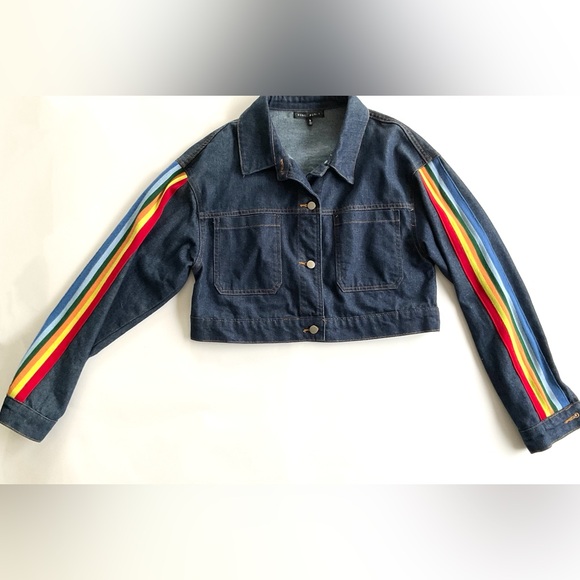 Honey Punch Cropped Denim Jacket with Rainbow Stripe Pride Detail Size S - Picture 5 of 12